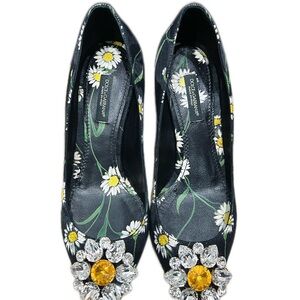🚩steal Authentic Dolce & Gabbana Black Daisy Embellished Heels